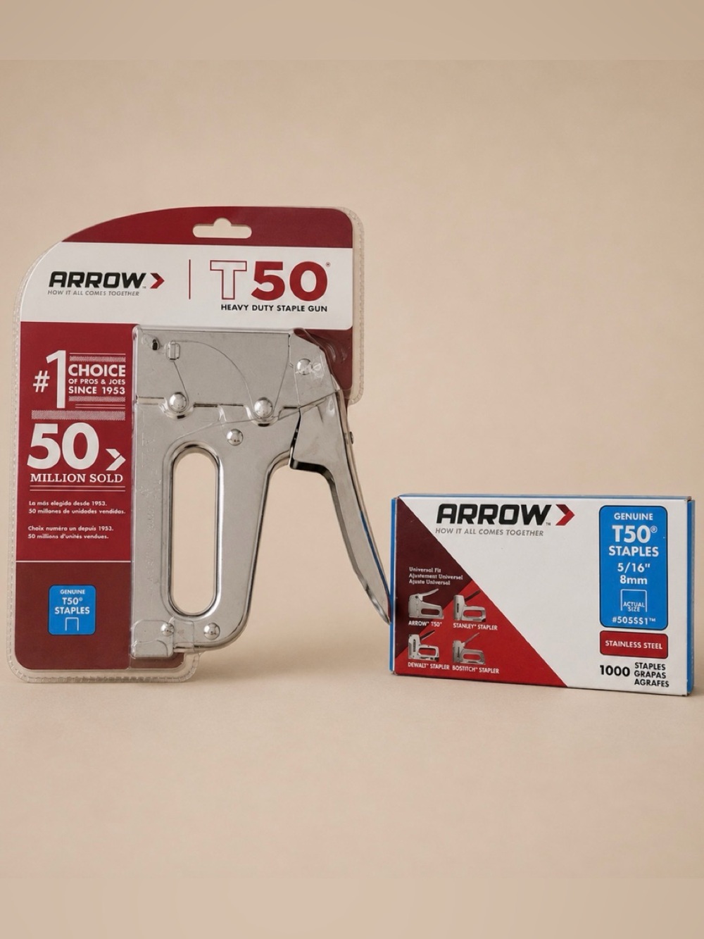 Arrow T50 Jam Resistant Chromed Steal Housing Heavy Duty Staple Gun+box Staples